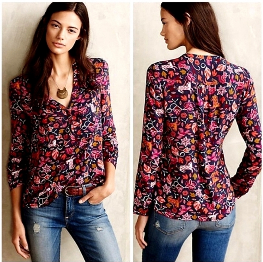 Anthropologie Maeve Moonflower Henley Popover Blouse 0 EUC
